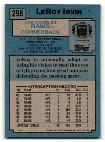 LeRoy Irvin Los Angeles Rams football card with original gloss 1988 Topps #298