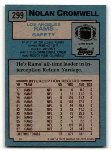 Nolan Cromwell Los Angeles Rams football card with original gloss 1988 Topps #299