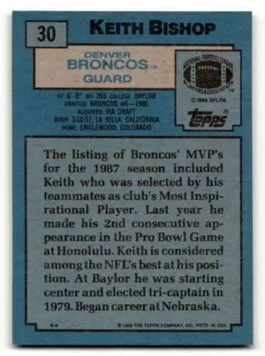 Keith Bishop Denver Broncos football card 1988 Topps original gloss collectible