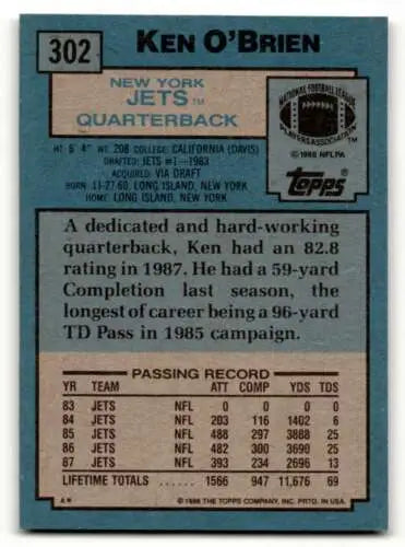 1988 Topps #302 Ken O’Brien New York Jets football card with original gloss quality