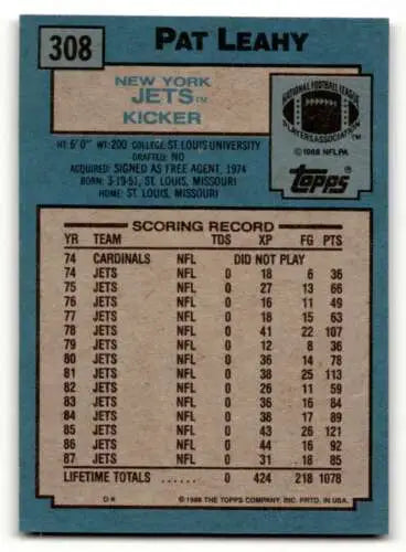 1988 Topps #308 Pat Leahy New York Jets Football Card original gloss collectors item