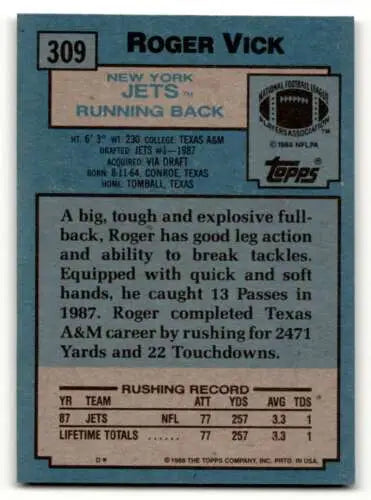1988 Topps #309 Roger Vick New York Jets Football Card with original gloss
