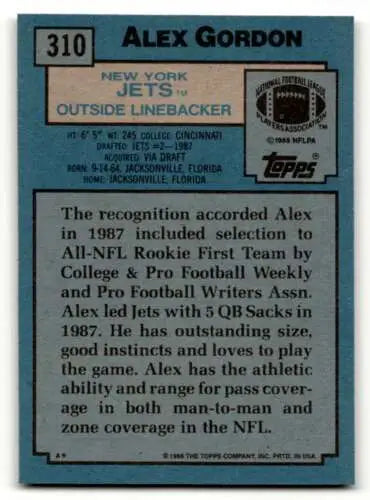 Alex Gordon New York Jets football card with original gloss from 1988 Topps