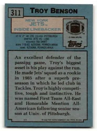 1988 Topps #311 Troy Benson New York Jets Football Card with original gloss finish