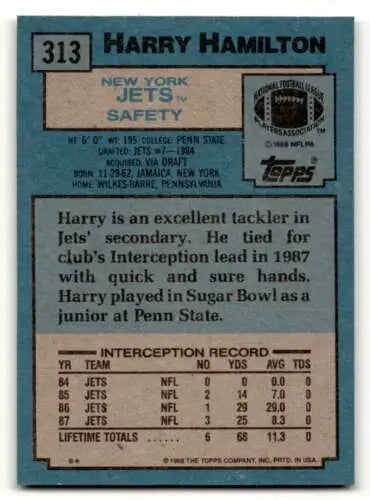 1988 Topps #313 Harry Hamilton New York Jets football card with original gloss