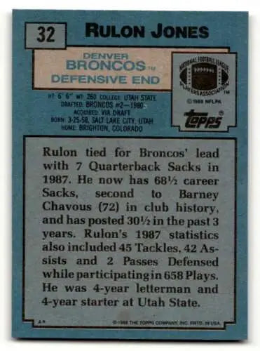1988 Topps #32 Rulon Jones Denver Broncos Football Card with original gloss finish