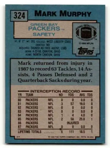 Mark Murphy Green Bay Packers football card 1988 Topps #324 original gloss EX/NM