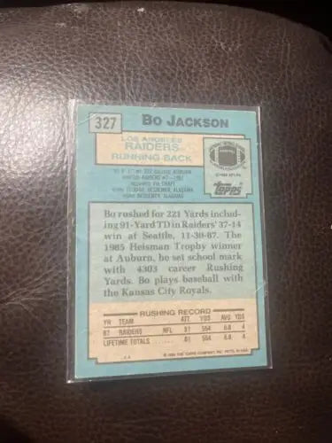Bo Jackson football card from 1988 Topps sports trading collection #327 RC