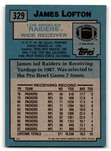 James Lofton Los Angeles Raiders football card with original gloss, 1988 Topps #329