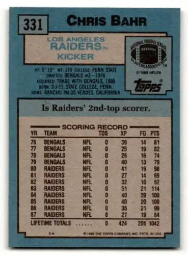 1988 Topps #331 Chris Bahr Los Angeles Raiders Football Card with original gloss finish