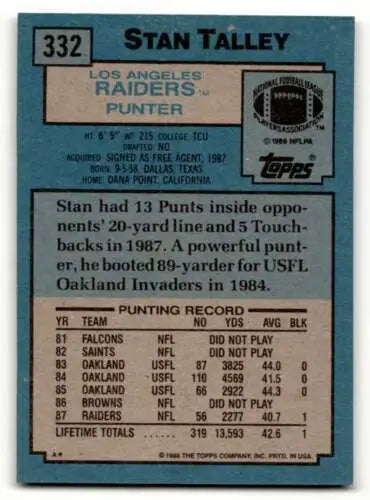 Original gloss 1988 Topps #332 Stan Talley Los Angeles Raiders Football Card EX/NM