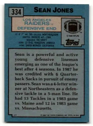 Sean Jones Los Angeles Raiders football card with original gloss from 1988 Topps