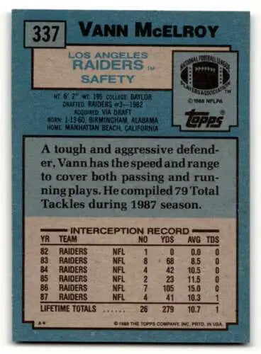 Vann McElroy Los Angeles Raiders football card from 1988 Topps with original gloss