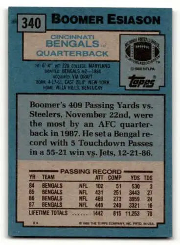 1988 Topps #340 Boomer Esiason Cincinnati Bengals Football Card in original gloss condition