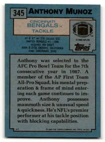 1988 Topps #345 Anthony Munoz Cincinnati Bengals Football Card with original gloss