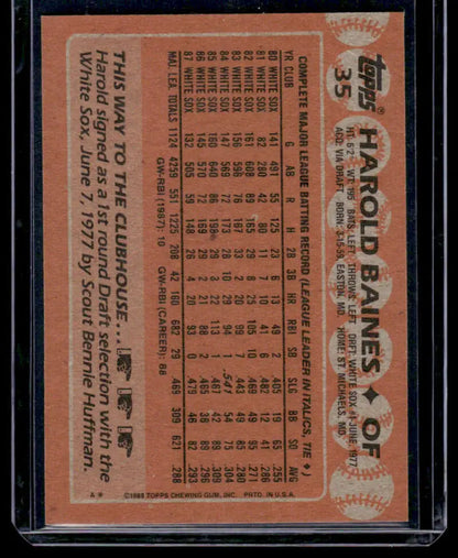 Harold Baines Chicago White Sox baseball card on orange background with player stats