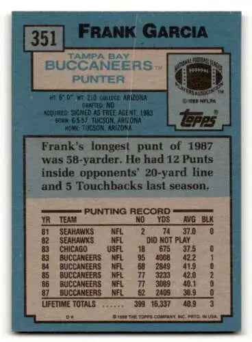 1988 Topps #351 Frank Garcia Tampa Bay Buccaneers Football Card original gloss EX