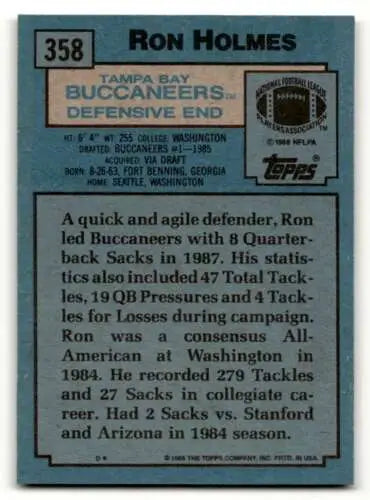 Original gloss Ron Holmes Tampa Bay Buccaneers football card 1988 Topps #358 EX/NM