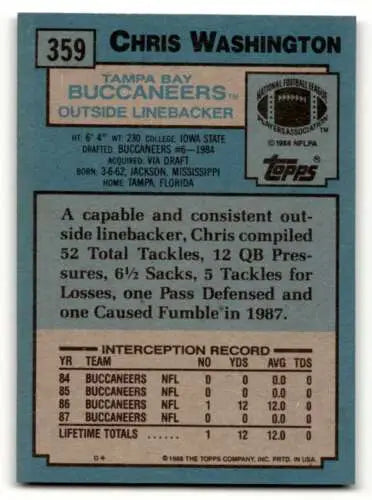 1988 Topps #359 Chris Washington Tampa Bay Buccaneers Football Card with original gloss