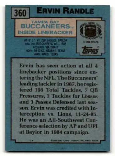 Back of the 1988 Topps #360 Ervin Randle Tampa Bay Buccaneers football card with original gloss