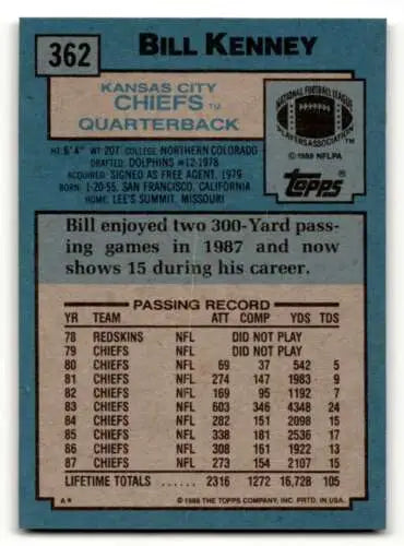1988 Topps #362 Bill Kenney Kansas City Chiefs Football Card with original gloss