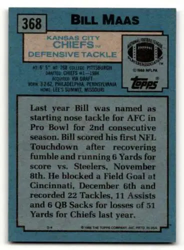 1988 Topps #368 Bill Maas Kansas City Chiefs Football Card with original gloss finish