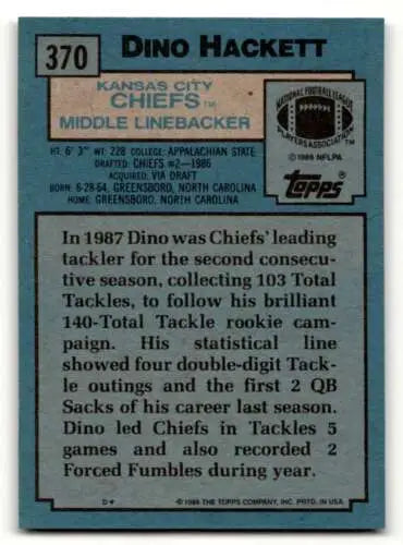 Dino Hackett Kansas City Chiefs football card with original gloss from 1988 Topps