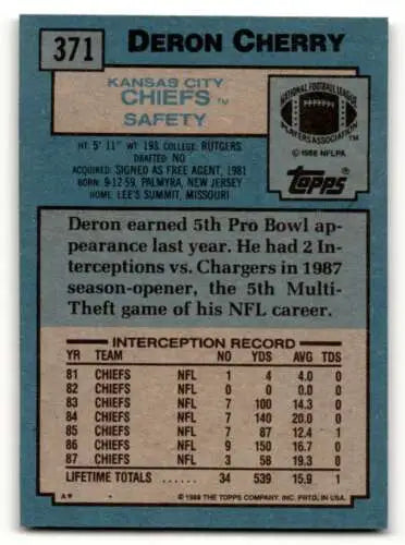 Deron Cherry Kansas City Chiefs football card with original gloss from 1988 Topps