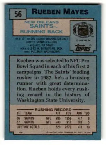 1988 Topps #56 Rueben Mayes New Orleans Saints Football Card with original gloss