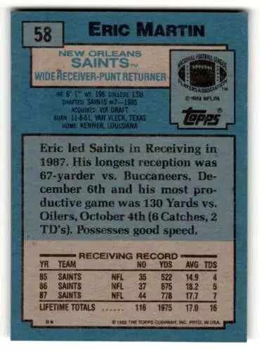 1988 Topps #58 Eric Martin New Orleans Saints Football Card with original gloss