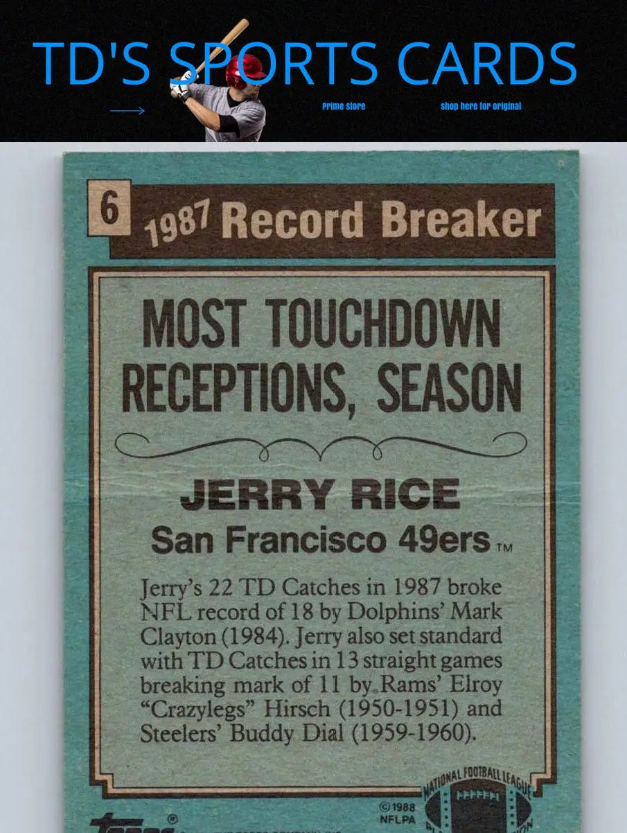 1988 Topps Jerry Rice trading card featuring 1987 record-breaking performance