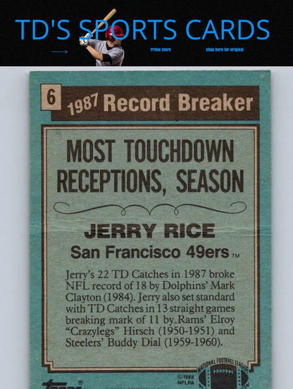 1988 Topps Jerry Rice trading card featuring 1987 record-breaking performance