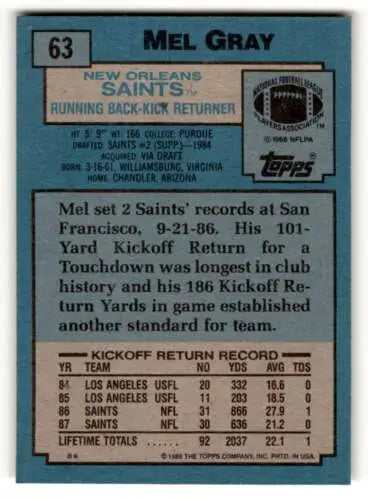1988 Topps #63 Mel Gray New Orleans Saints Football Card with original gloss quality