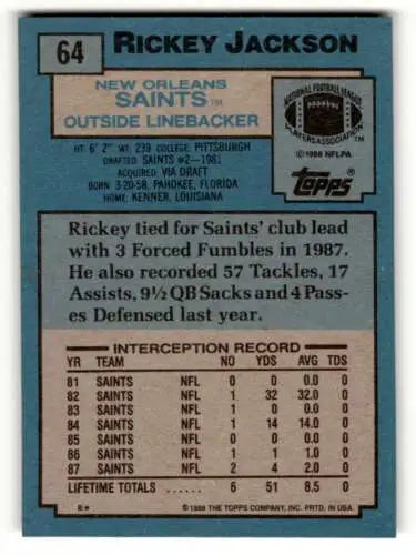 1988 Topps #64 Rickey Jackson New Orleans Saints football card with original gloss