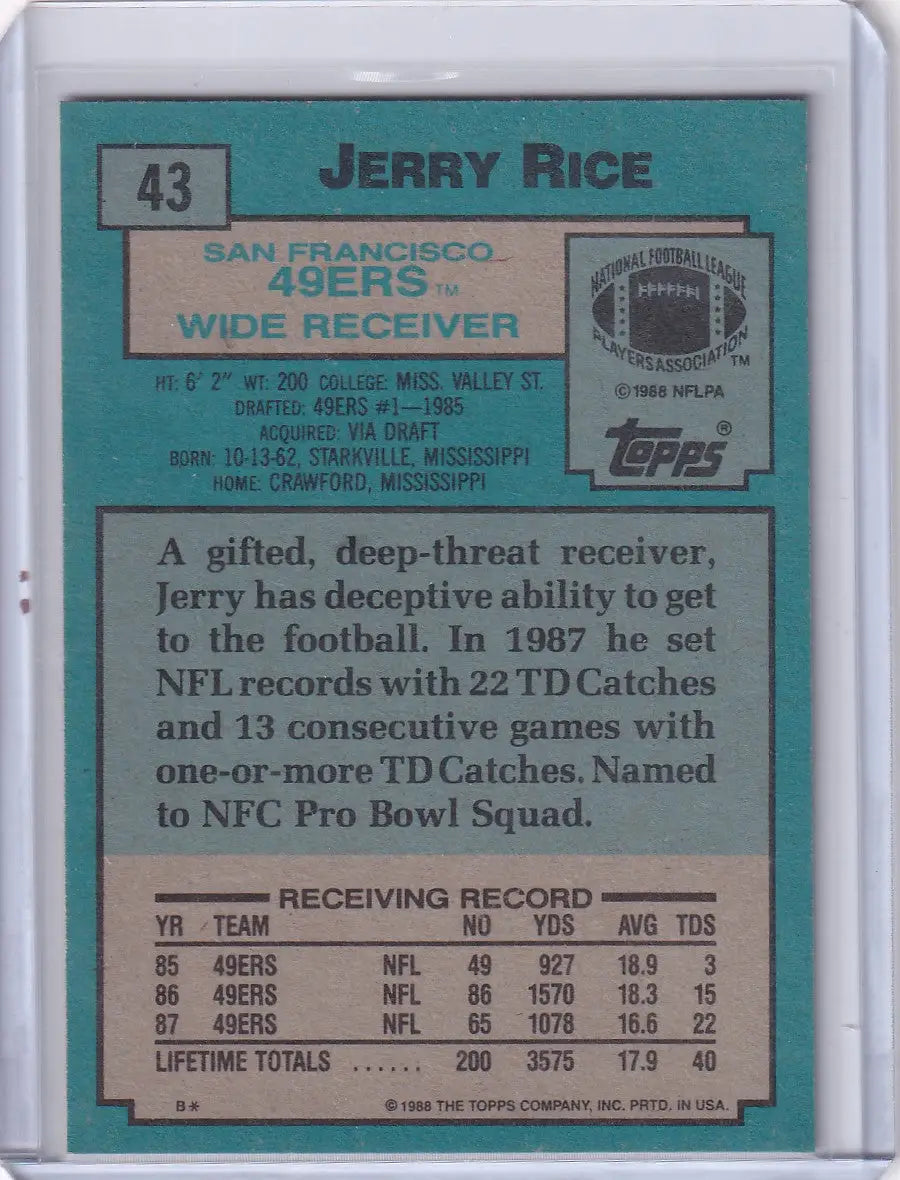 Back of 1988 Topps Football card featuring Jerry Rice of the San Francisco 49ers