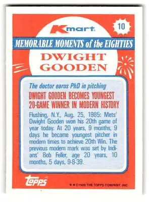 Dwight Gooden baseball card from 1988 Topps Kmart Memorable Moments #10