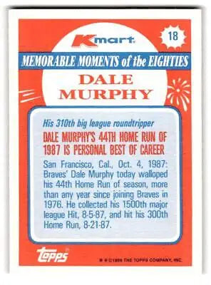 Dale Murphy baseball card from 1988 Topps Kmart Memorable Moments collection