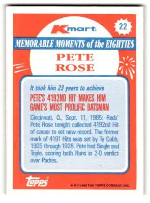 Vintage Pete Rose 1988 Topps Kmart Memorable Moments baseball card celebrating 4192nd hit