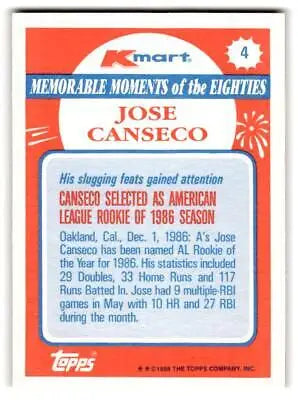 1988 Topps Kmart Memorable Moments #4 Jose Canseco baseball card collectible image
