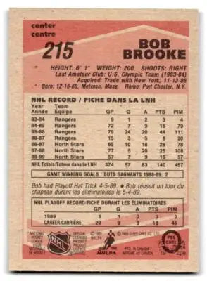 Bob Brooke hockey card back featuring Minnesota North Stars team details and stats