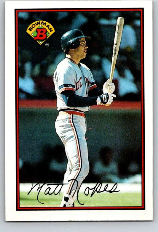1989 Bowman #101 Matt Nokes Baseball Card featuring Detroit Tigers batter at the plate