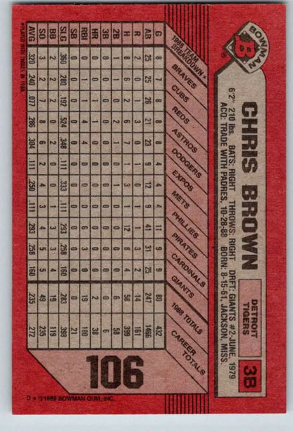 Red 1989 Bowman #106 Chris Brown baseball card featuring Detroit Tigers statistics