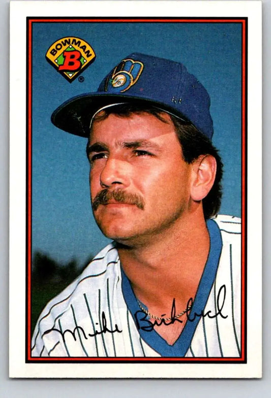 Milwaukee Brewers baseball card of Mike Birkbeck with blue cap and mustache