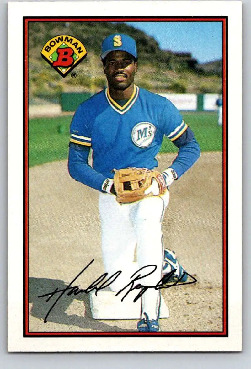 Harold Reynolds in Seattle Mariners uniform with glove for Mariners baseball card