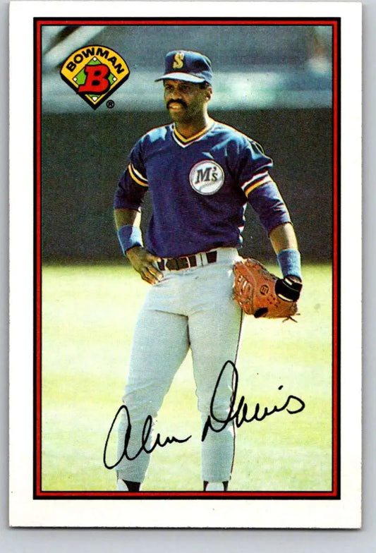 Baseball card of Alvin Davis in Seattle Mariners blue jersey and white pants