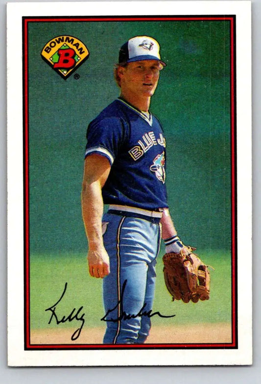 Toronto Blue Jays player Kelly Gruber in blue uniform with glove for 1989 Bowman card