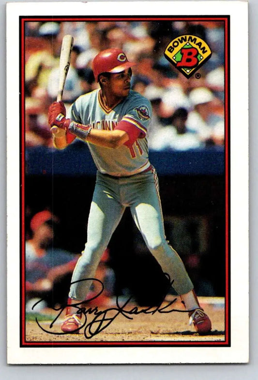Baseball card of Barry Larkin in a Cincinnati Reds gray uniform at the plate