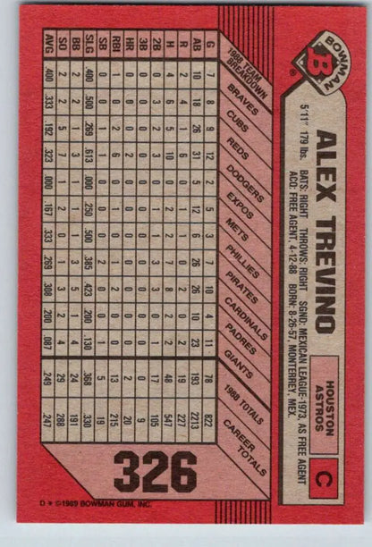 Red 1989 Bowman #326 Alex Trevino NM-MT Houston Astros Baseball Card statistics grid