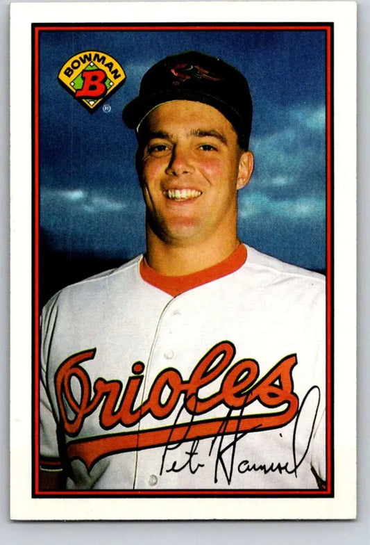Baseball card of Pete Harnisch in white Baltimore Orioles uniform, 1989 Bowman RC