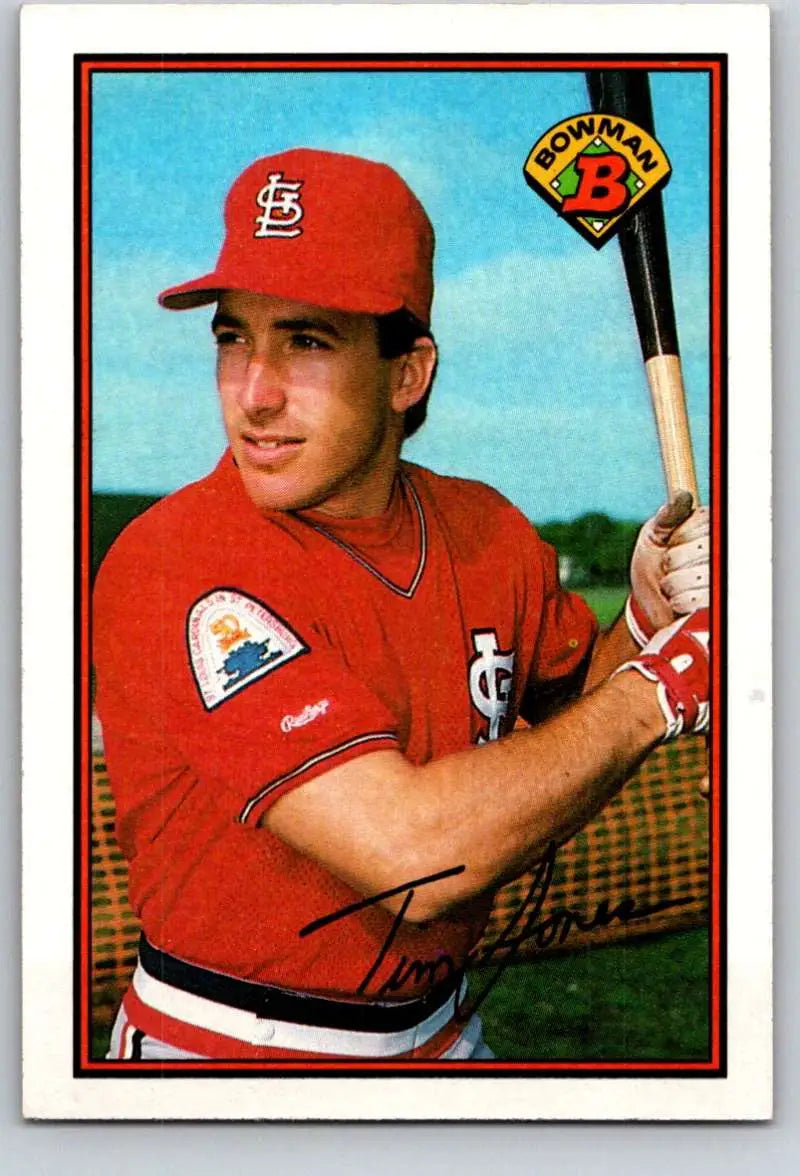 Baseball card of Tim Jones in a red uniform Louis Cardinals 1989 Bowman #439 NM-MT
